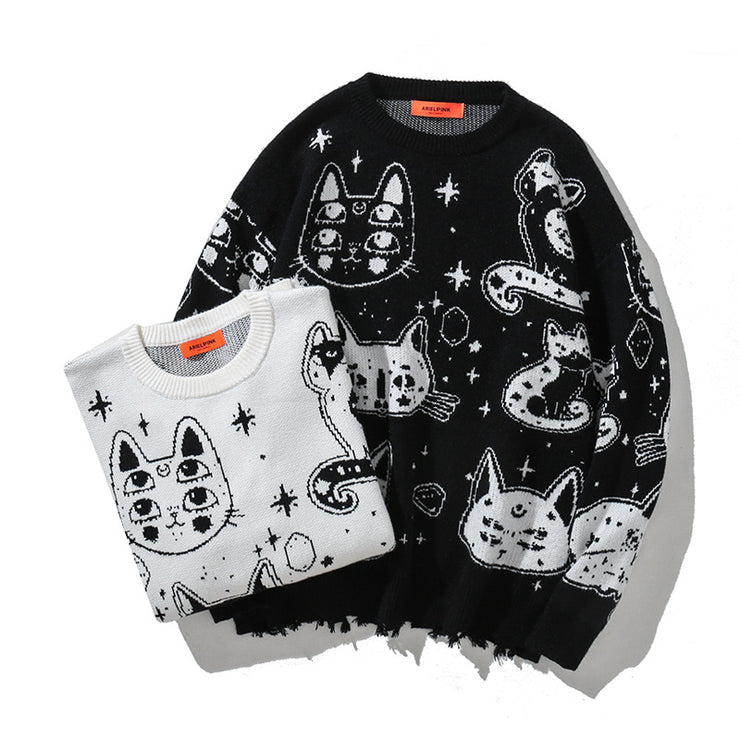 Cute Cats Sweaters, Oversize Goth Long Sleeve Korean Style y2k Top Harajuku, Black White Cats Lover Gift 1 1   