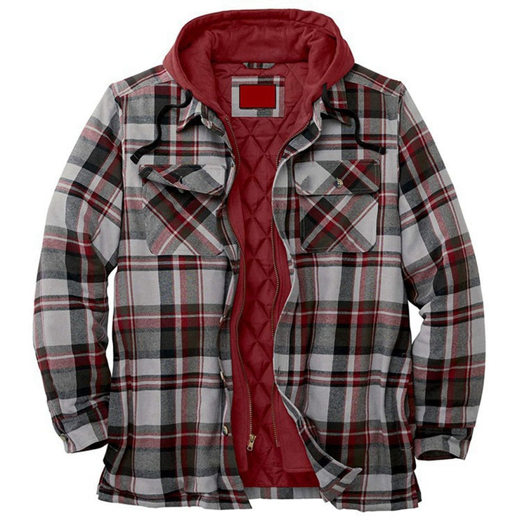 New York Retro Plaid Hooded Flannel Padded Jacket, Zip Up Heavyweight Thermal Lined Button Down Varsity Jacket Plus Size 5XL loveyourmom Love Your Mom Red 3XL 