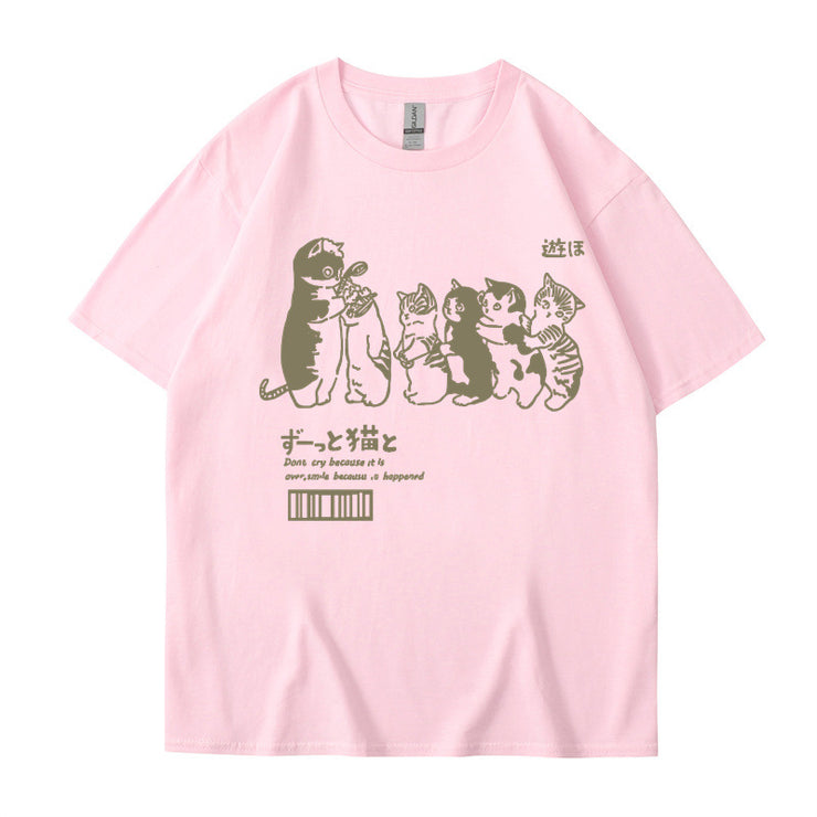Japanese Cartoon Cat Shower Street Unisex Oversized T-Shirt, Cute Hip Hop Street tee Casual Cotton Summer Short Sleeveה 1 1 Pink L 