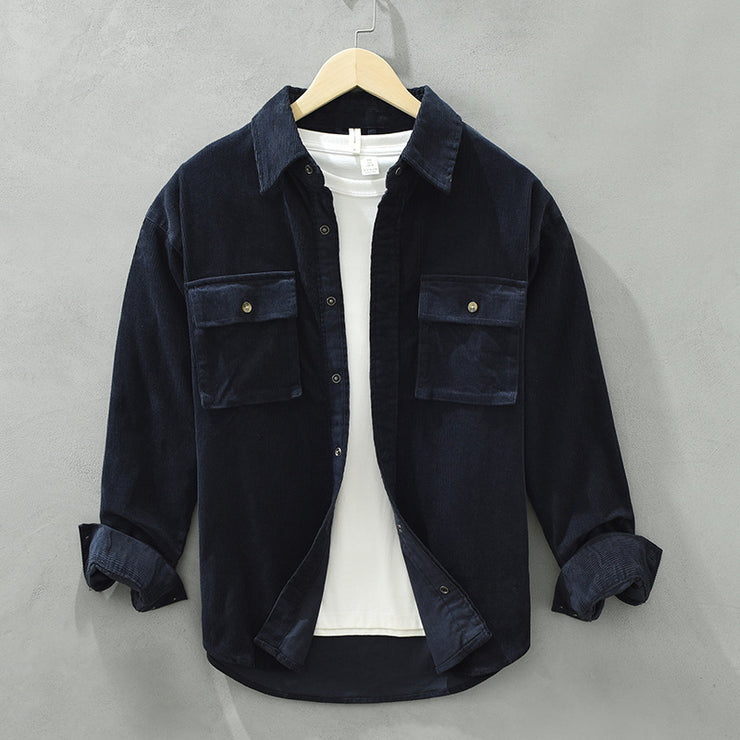 Men's Corduroy Velvet Shirt Jacket, Japan Style Retro 100% Cotton Cargo Trendy Workwear Tops - Color: green, sapphire blue, brown 1 1 Royal Blue L 