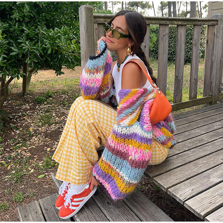 Rainbow Striped Plaid Cardigan Sweater, Colorful Fashion Streetwear Jacket, Multicolor Boho Knit Chunky Sweater, Trendy Copenhagen nordic Sweater 1 1 Picture Color B L 