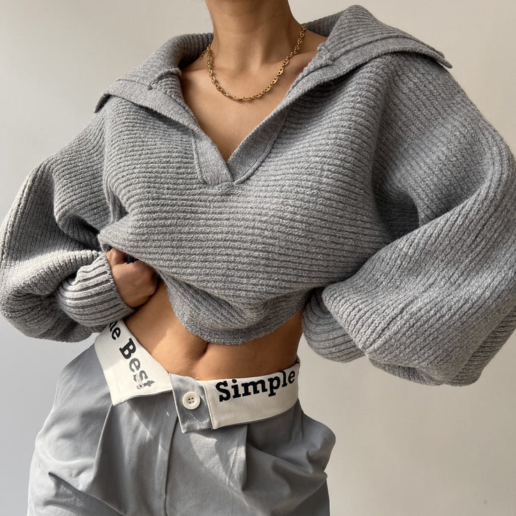 Copenhagen Crop Top Sweater,  Lazy Loose Lantern Sleeve Open Collar Women's Short Sweater loveyourmom Love Your Mom Gray L 