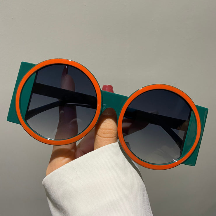 Oversized Round Sunglasses for Women - Contrast Color Shades, UV400 Protection, Retro Unique Men’s Gradient Sun Glasses, Vintage 1990s, 90s Does 60s Fashion Sunglasses loveyourmom Love Your Mom Green Frame  