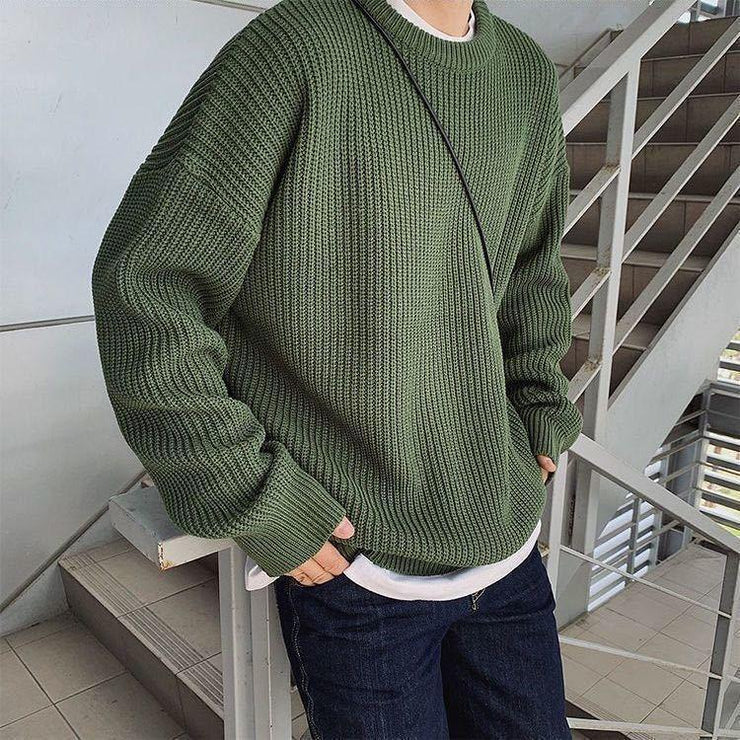 Korean Fashion Sweaters Wool oversized knitted rib crew neck jumper Sweaters, Men Solid Color Slim Fit Men Street Knitted Sweater - Black , Blue ,Brown,Orange ,Green 1 1 Green 2XL 
