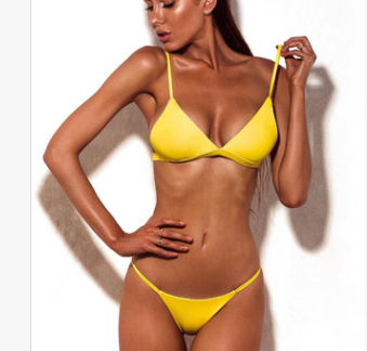 Women's Solid V Neck Push up Padded Brazilian Thong Bikini Swimsuit 1 Love Your Mom yellow L 