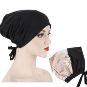 Satin Hijab Cap Full Cover Inner Jersey Hat Islamic Head Wear Stretch Turban Underscarf Bonnet Straps Headband Female loveyourmom Love Your Mom Black  