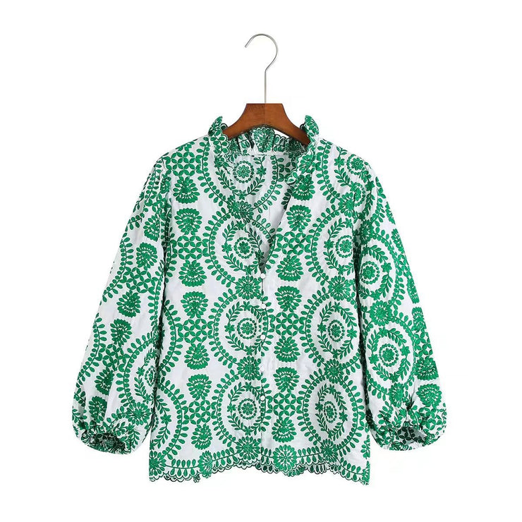 Copenhagen Red Embroidered Blouse, Fitted Shirt Women Ruffled Collar V-neck Modern Lady Top Wear loveyourmom Love Your Mom 3641 Green L 