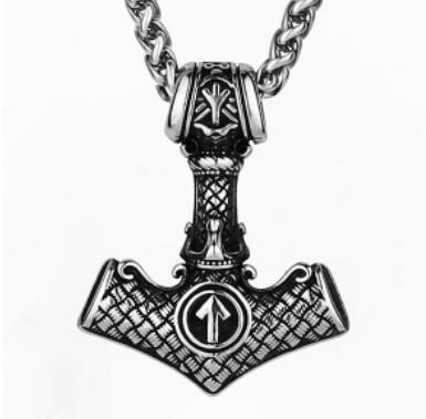 Viking Mjolnir Thor's Hammer Vegvisir Wolf Stainless Steel Pendant Necklace - Aoding Triangle Rune Titanium Steel 1 1 Steel Color With 60cm Keel Chain 