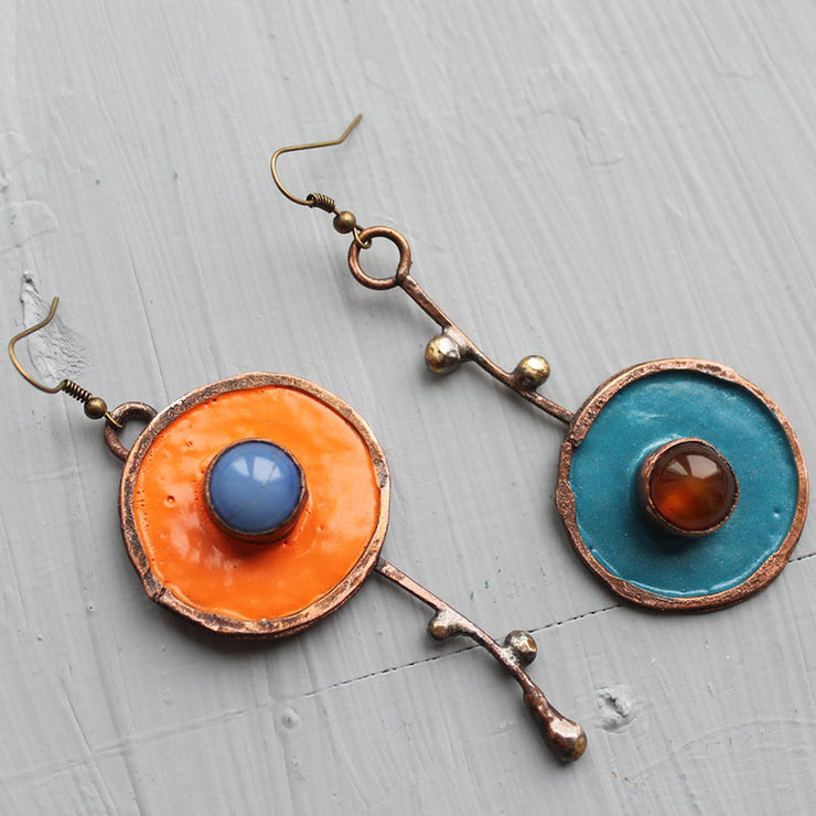 Ethnic Asymmetric Ancient Bronze Drop Earrings | Women's Statement Jewelry with Red & Blue Stones loveyourmom Love Your Mom   