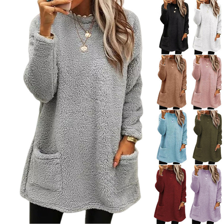 Women's Fleece Pullover Long Sweater With Pockets Winter Warm Casual Long Sleeve Plush Tops loveyourmom Love Your Mom   