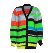 Neon Rave Cardigan Sweater, Streetwear Long Sleeve Top, Casual Fashion Bohemian Top, Tie Dye Striped Sweater for Women 1 1 Green One Size 