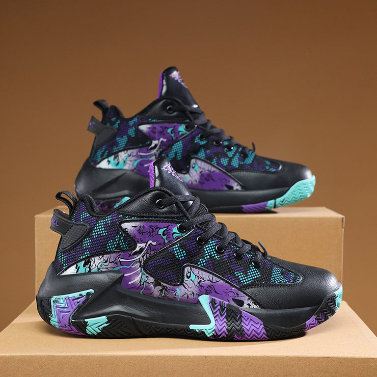 Techwear Rave Sneakers, Dragon Pattern Lace-up Basketball Shoes Graffiti Rubber High Top 1 1 Black Purple 36 