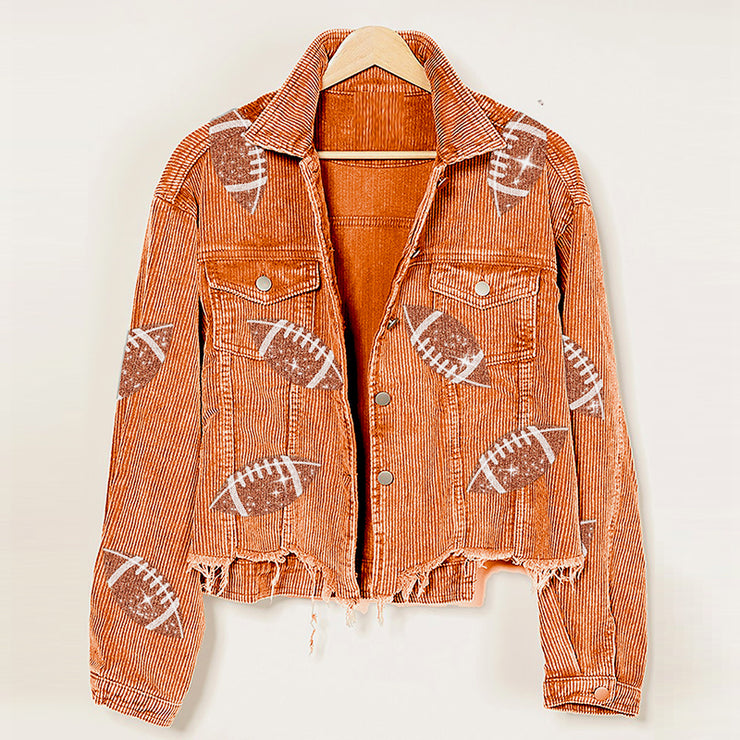 Women Football Embroidered Corduroy Jacket, Baseball Jacket - Rugby Sequin Shacket Jacket 1 1 Orange L 