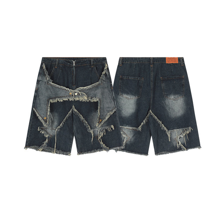 Denim Shorts Baggy Jorts Mid Rise Stretchy Patchwork Jeans Shorts Jorts, Y2K Star jorts outfit for Men loveyourmom Love Your Mom   