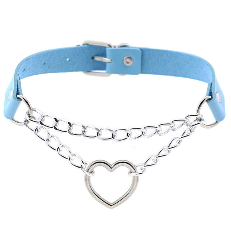 Gothic Round Heart Choker Necklace Collar, Punk Chocker Women Leather - red, black, white, pink, sky blue, rose red, brown 1 1 Sky Blue  
