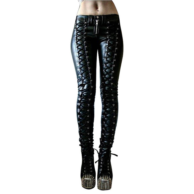 Women's Gothic Faux Black Leather Pants, Gothic Punk Rave Rock Skinny Pants 1 1   