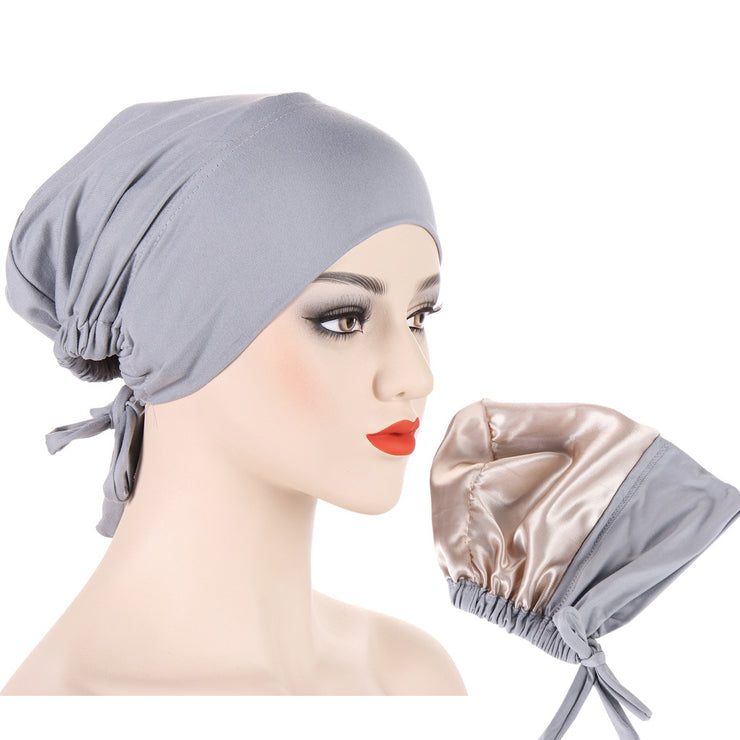 Satin Hijab Cap Full Cover Inner Jersey Hat Islamic Head Wear Stretch Turban Underscarf Bonnet Straps Headband Female loveyourmom Love Your Mom Light Gray  