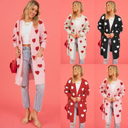 Boho Heart Print Maxi Cardigan | Pink Knit Sweater Coat, Oversized Fit, Women's Fall Winter loveyourmom Love Your Mom   