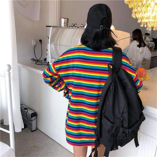 Rainbow Stripes Shirt Women, Loose Fit Long Sleeve tshirt, Oversized Aesthetic Streetwear Shirt, Stylish Modern Shirt for Girls, Gifts for Her 1 1   