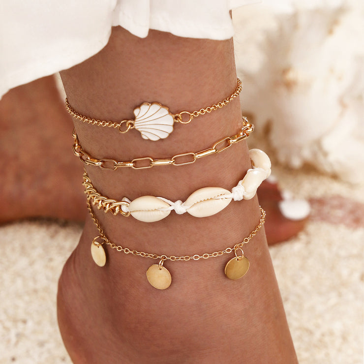 Gold Chain Anklet Set, 4pc Minimalist Dainty Bohemian Cowrie Puka Shell Seashell Circle Charms , Tropical Island Beach Hawaii Jewelry for Her 1 1 Gold  