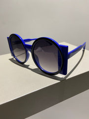 Oversized Round Sunglasses for Women - Contrast Color Shades, UV400 Protection, Retro Unique Men’s Gradient Sun Glasses, Vintage 1990s, 90s Does 60s Fashion Sunglasses loveyourmom Love Your Mom Blue Frame  