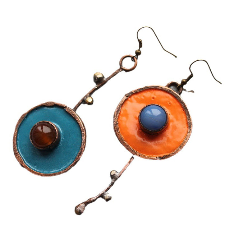 Ethnic Asymmetric Ancient Bronze Drop Earrings | Women's Statement Jewelry with Red & Blue Stones loveyourmom Love Your Mom   