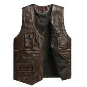 Men Genuine Leather Vest Brown, Multi Pocket Zipper Waistcoat, Thick Motorcycle Plus Size Sleeveless Jacket Vest Cowhide loveyourmom Love Your Mom Pure Black Fashion Sheepskin 2XL 