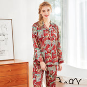 Silk Lady Pajama Shirt Set, Casual Botanical Printed Ladies Women Nighty Two Piece Set, Lounge Wear, Matching Set, Comfy Sleepwear 1 1 Wine Red M 