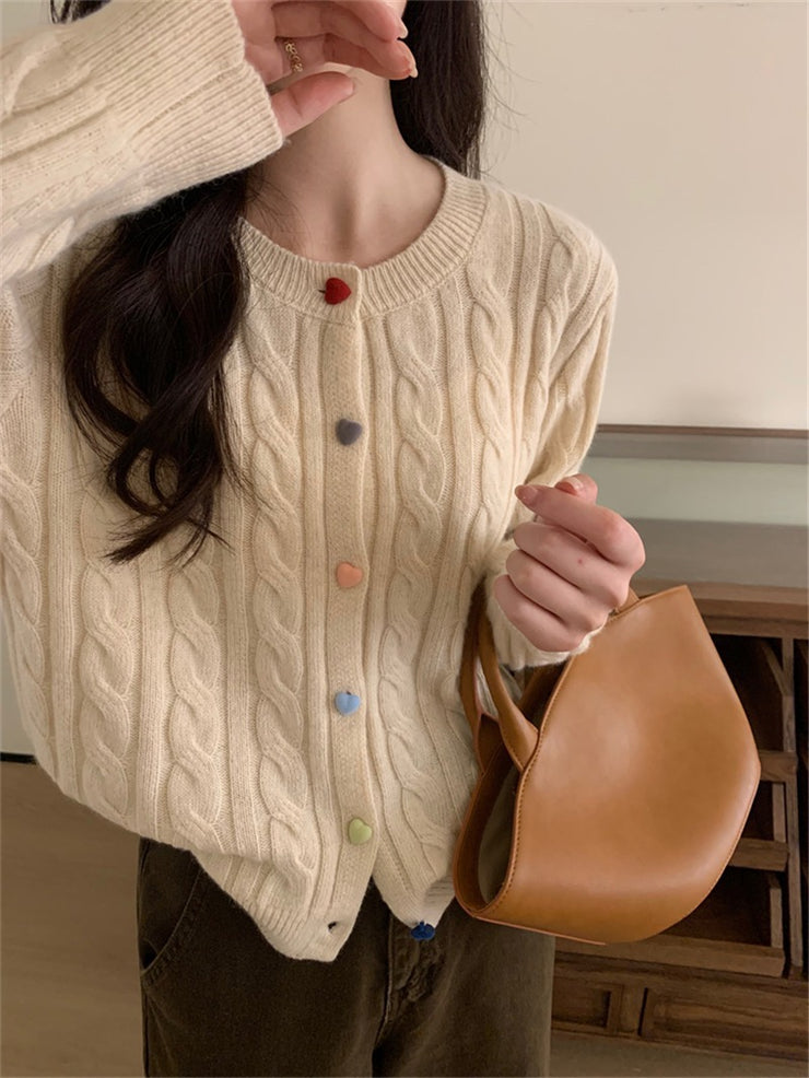 Gentle Color Heart Buckle Cable-knit Sweater, Cute Heart Buttons Boho Sweater for Her 1 Love Your Mom Beige Apricot Free Size 