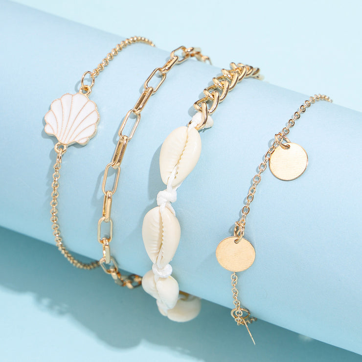 Gold Chain Anklet Set, 4pc Minimalist Dainty Bohemian Cowrie Puka Shell Seashell Circle Charms , Tropical Island Beach Hawaii Jewelry for Her 1 1   