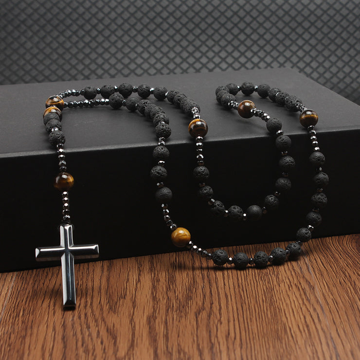 Tiger Eye Cross Necklace, Black Obsidian and Hematite Christ Healing Crystal Necklaces with Cross Pendant Necklace loveyourmom Love Your Mom Black  