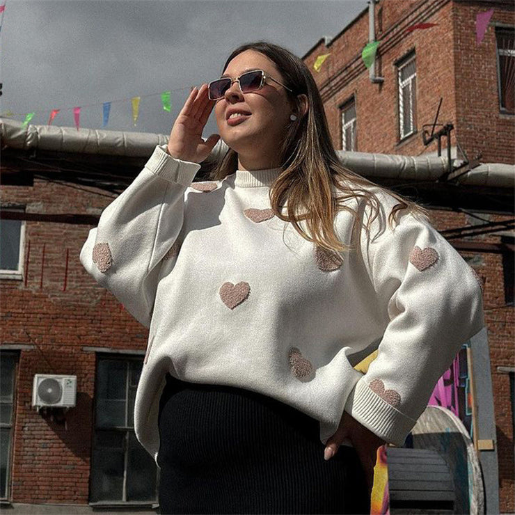 Cute Hearts Pullover Sweater, Soft Cozy Plus Size Sweater, Loose Fit Winter Sweater, Casual Warm Streetwear Sweater, Round Neck Sweater Top loveyourmom Love Your Mom White Khaki L 