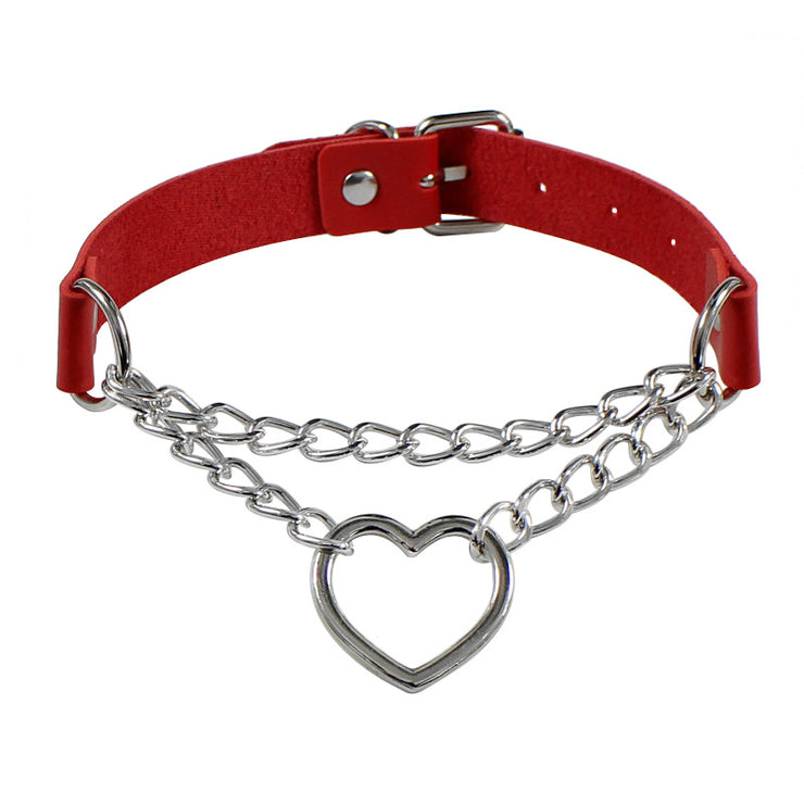 Gothic Round Heart Choker Necklace Collar, Punk Chocker Women Leather - red, black, white, pink, sky blue, rose red, brown 1 1 Red  