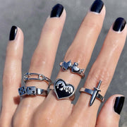 Vintage Silver Punk Rings for Women Girls Men,Cool Goth Skull Band Ring Set,Chunky Stackable Knuckle Eboy Ring,Y2K Ace Heart Angel Butterfly Ring Pack 1 1 5color  