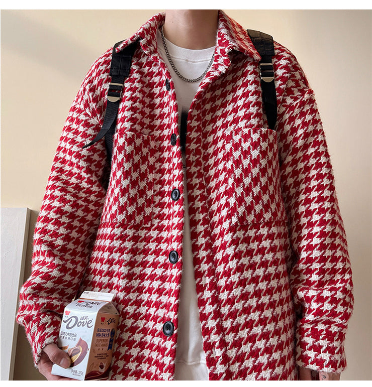 Oversized Houndstooth Lightweight Pocketed Overcoat -Plaid Woolen Jacket Hong Kong Styling 1 1   