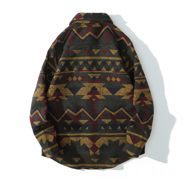 Aztec Print Lapel Pocketed Shacket Jacket, Cashmere Flannel Men Long Sleeve Streetwear Top, National Geometric Retro Clothes 1 1   