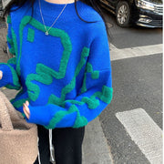 Copenhagen style fall Trendy Green o neck Sweater, y2k long sleeve  korean style cartoon wool Sweater Pullover Oversized 1 1 Blue One size 