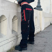 Gothic Pants Unisex Gothic Threads Reflective Pants and short Black Punk Buckle Zips Chain Strap understated Punk Trousers converted to Short 1 1   
