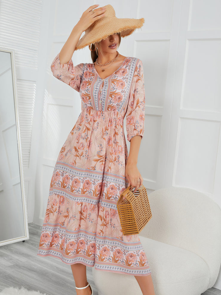 London Women's Floral Summer Dress A-Line Swing Casual Beach Dress V Neck Boho mid-Long Sleeves Dresses loveyourmom Love Your Mom   