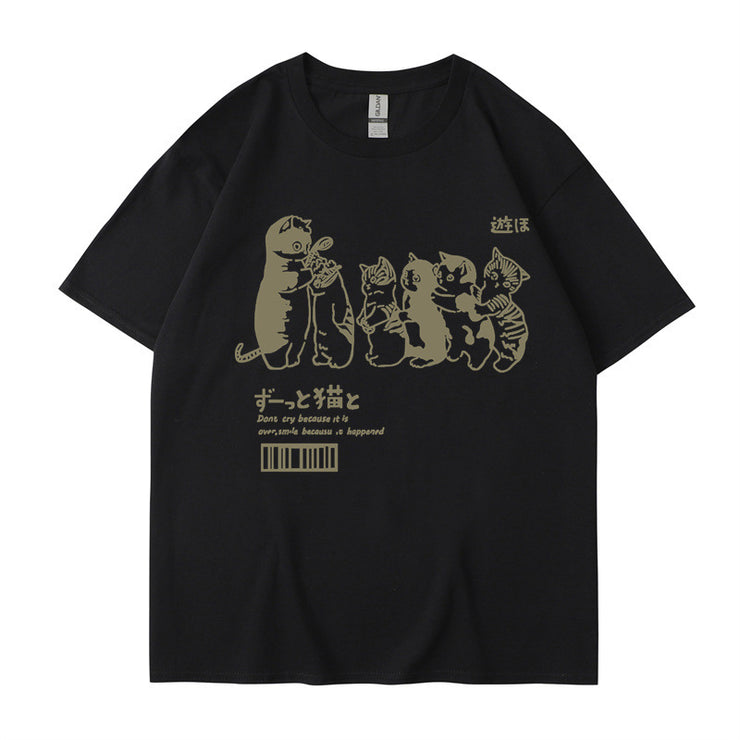 Japanese Cartoon Cat Shower Street Unisex Oversized T-Shirt, Cute Hip Hop Street tee Casual Cotton Summer Short Sleeveה 1 1 Black L 
