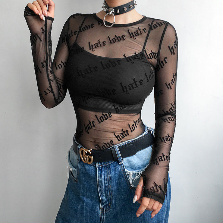 Long Sleeve Mesh Shirt Top, See Through Top, Rave Techno Goth Festival T-shirt Top, Y2k Streetwear Tops, Sexy Party Top, Sheer Mesh Lace Shirt 1 1   