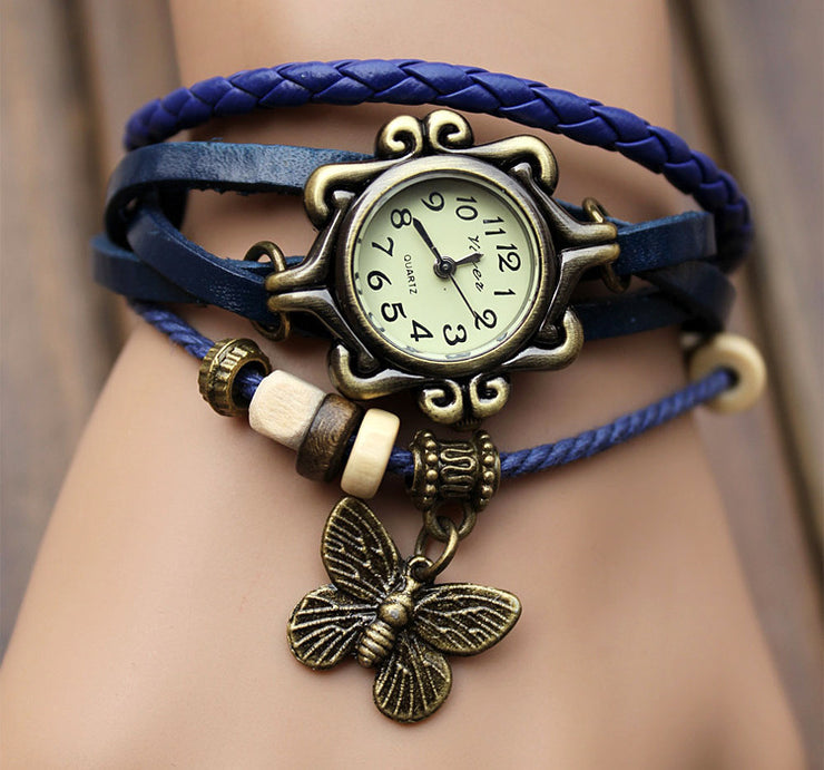 Women's Woven Bracelet Vintage Faux Leather Bracelets Butterfly Pendant Fashion Adjustable Wrist - Cowhide winding bracelet watch 1 1 Blue  