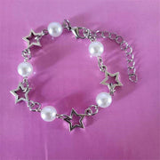 Silver Star Pearls Bracelet, Boho Hippie Punk Bracelet, Aesthetic Designer Bracelet, Best Friends Bracelet, Wife Birthday Gift 1 1 White  