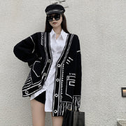 Print Graffiti Hipster Cardigan, Women Loose Festival Cool V-neck Long Sleeve Luxury Knitted Cardigan Y2k Street Look 1 1 Black Onesize 