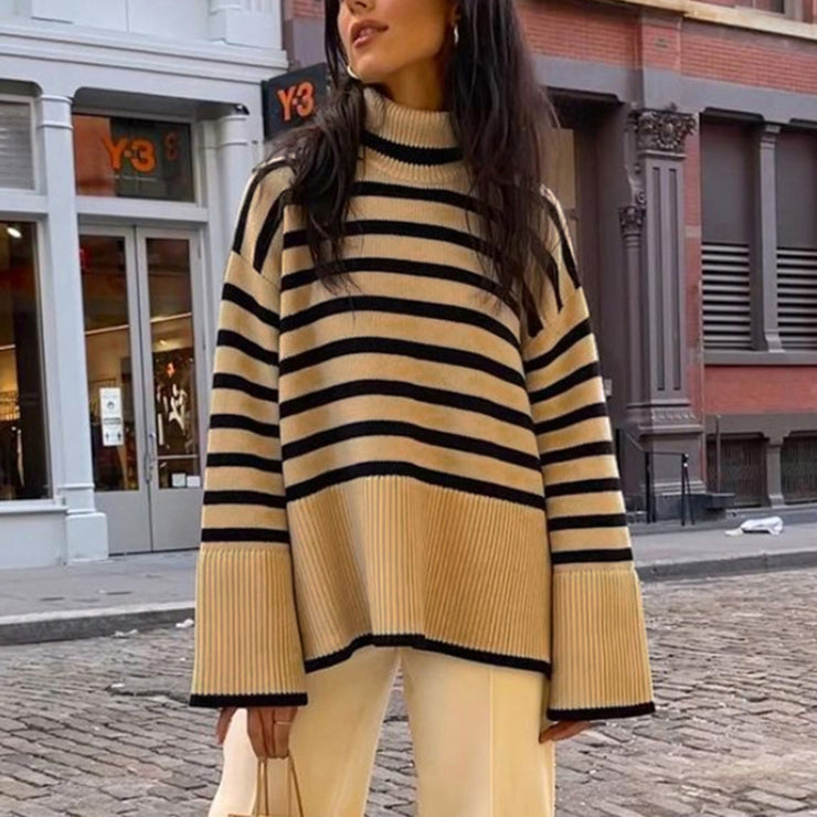 Striped Knit Turtleneck Sweater, Oversize Knitted Pullover Women Loose Casual Pure Cotton Sweater loveyourmom Love Your Mom Khaki black stripes L 