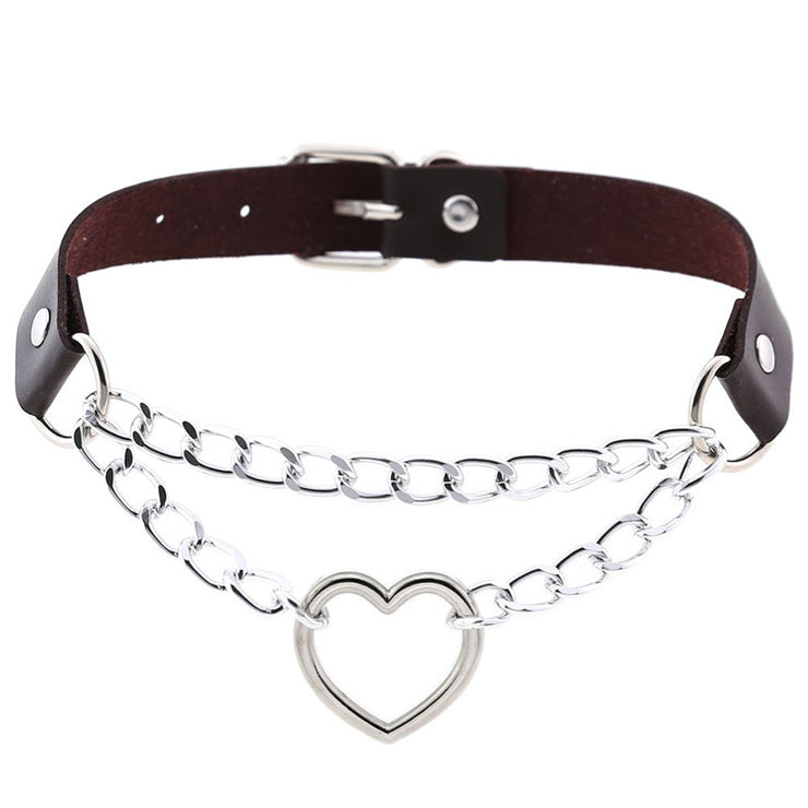 Gothic Round Heart Choker Necklace Collar, Punk Chocker Women Leather - red, black, white, pink, sky blue, rose red, brown 1 1 Brown  