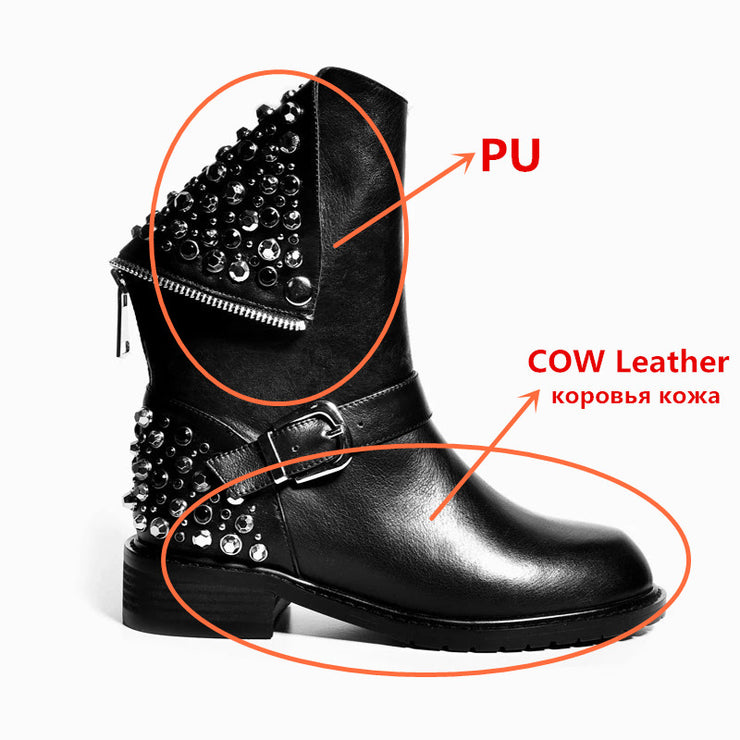 Women's Genuine Leather Handmade Ankle Boots, Rivet and Buckle Gothic Style Women's Boots, Motorcycle Biker - Punk Korean Style shoes. 1 1   