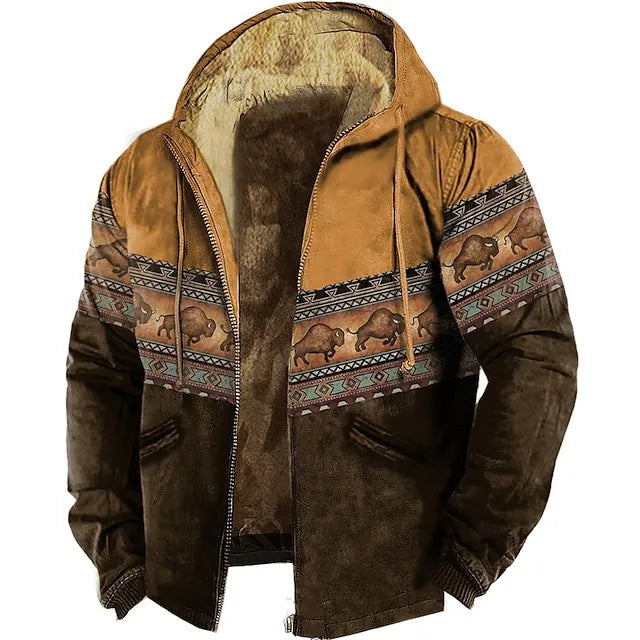 Vintage Wool Hooded Jacket for Men, Warm Cozy Printed Coat, Burning Man Coat, Lightweight Fashion Western Jacket,Plus size 8XL 1 1 4Color 2XL 