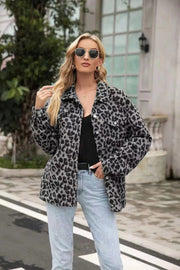 Leopard Print Jacket Coat, Paris Long Sleeve Stylish Fashion Coat for Women, Single Pocket Button Down Coat, Streetwear Glamour Chic Coat 1 1 Gray Leopard Print L 