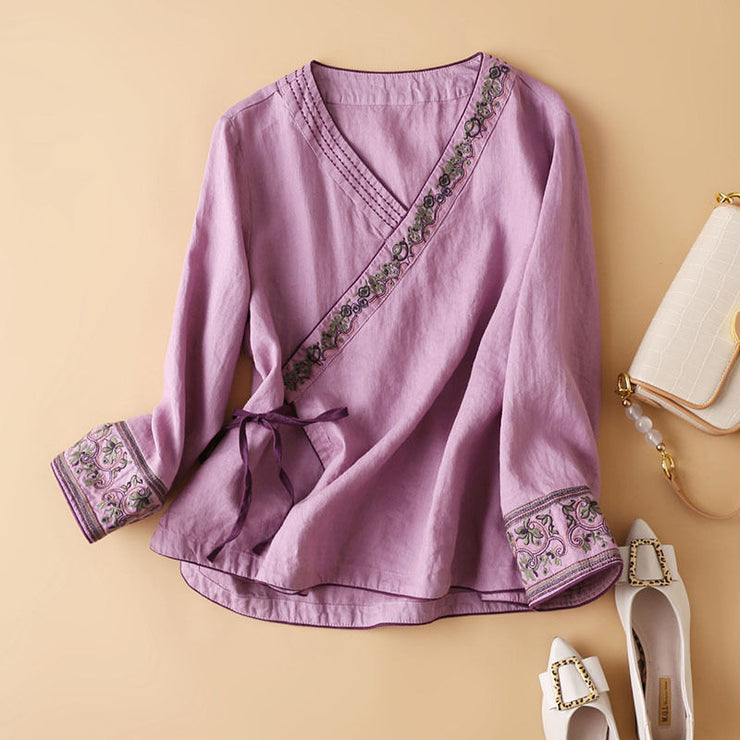 Cotton Linen Embroidered Women Blouse, Long Sleeve Asymmetrical Tunic Oversized Shirt 1 1 Can 328 Pink Purple 3XL 